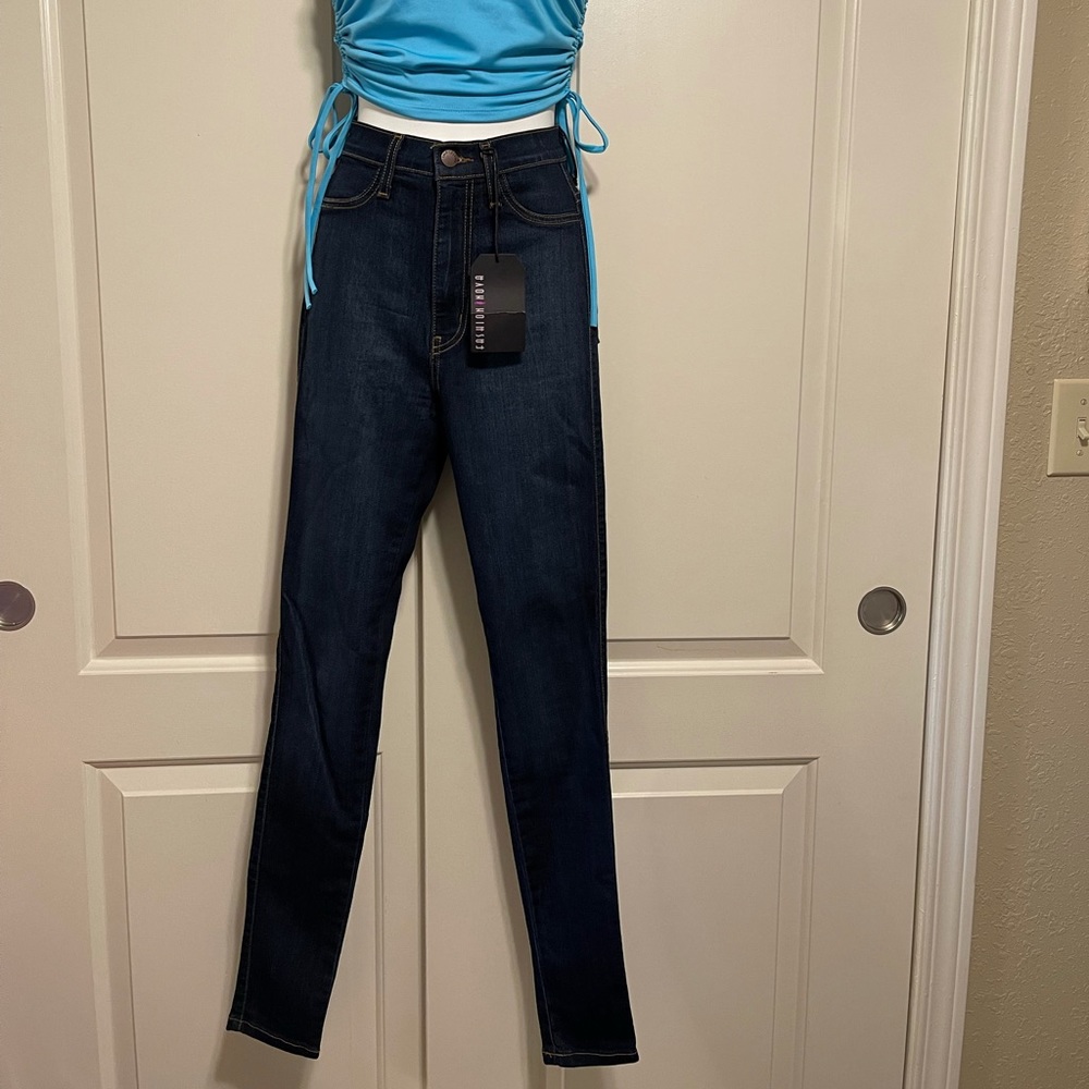 High rise dark denim skinny jeans